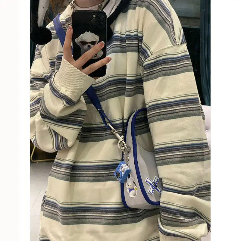 

Long Sleeve Bf High Street Contrast Color Striped Sweatshirts Women Preppy Style American Vintage Sudaderas Harajuku Y2k