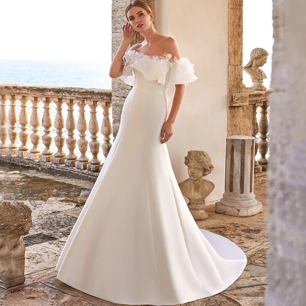 Элегантное свадебное платье-Русалка с открытыми плечами и цветочными оборками