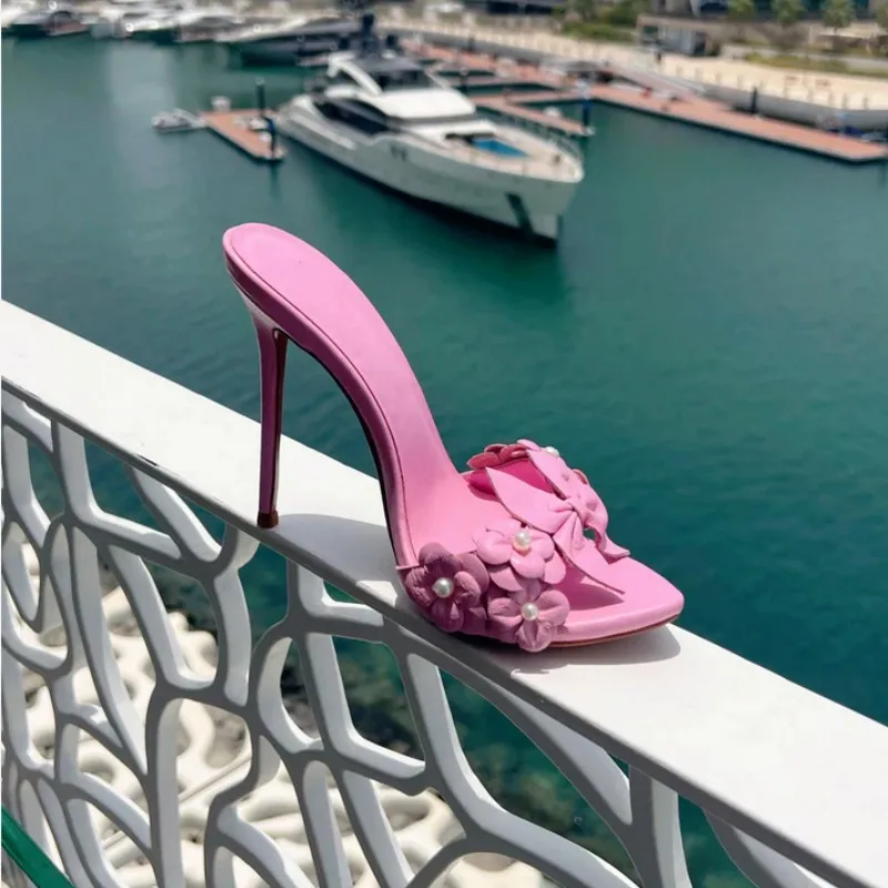 

Flower Slippers Beading Mules Peep Toe Thin Heels Designer Sandals Outdoor Chaussure Femme Casual Tacones Bow Knot Pumps Party