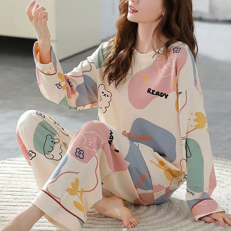 

Print Pajamas for Women Autumn Winter Cotton Loungewear Sets Cute Comfortable Sleepwear Loose Long Sleeve Clothes Lingerie