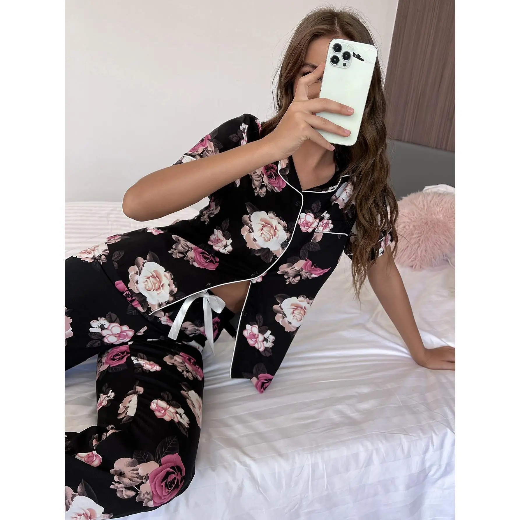 Women's Night Suit Rayon Pajamas Set 2PCS Summer Spring Sleepwear Nightwear For Female Floral Print Homewear Sleeping Clothing