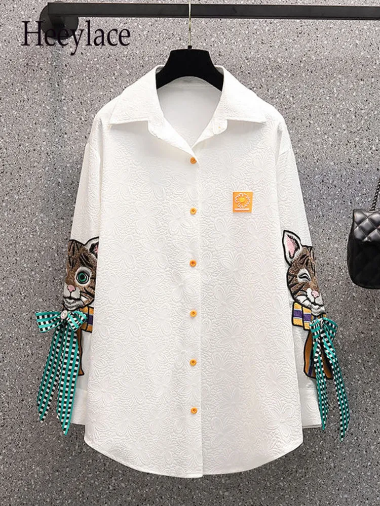 

Autumn Long Shirt For Women Fashion Casual Polo-Neck Shirt Long Sleeve Embroidery Patchwork Office Lady Shirt Women Clothing