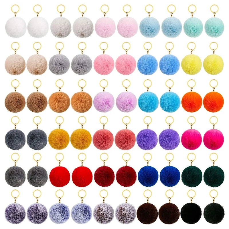 

517F 50 Pcs Pom Pom Fluffy Keyrings Soft Plush Charm Keyring Colorful Faux Fur Fluffy Keychain Ball for Women and Girls