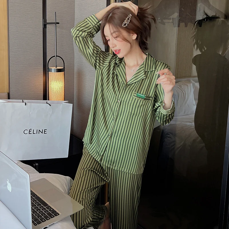 Lisacmvpnel Autumn 2022 Pajamas Women's Ice Silk Long Sleeve Stripe Printed Two Piece Thin Home Suit Pyjamas