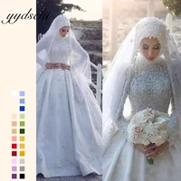 Luxurious Muslim Bridal Wedding Dress Beaded Lace High Collar Long Sleeve Floor Length A-line Slim Ball Gown Dress Autumn Winter