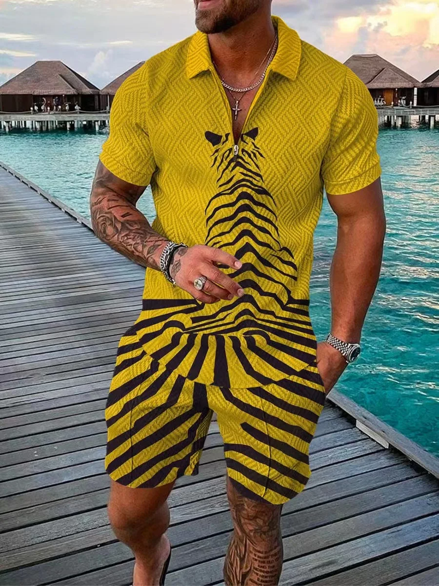 

New Hawaiian Print Men's Short Sleeve Suit Summer Casual Beach Floral Shirt Two-piece Fashion Men's S-3XL