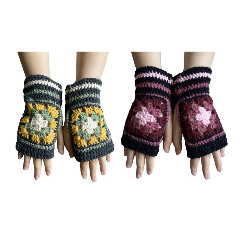 

Вязаные крючком перчатки до запястья для девочек, сохраняющие тепло варежки с цветочным узором, варежки для женщин, зимние