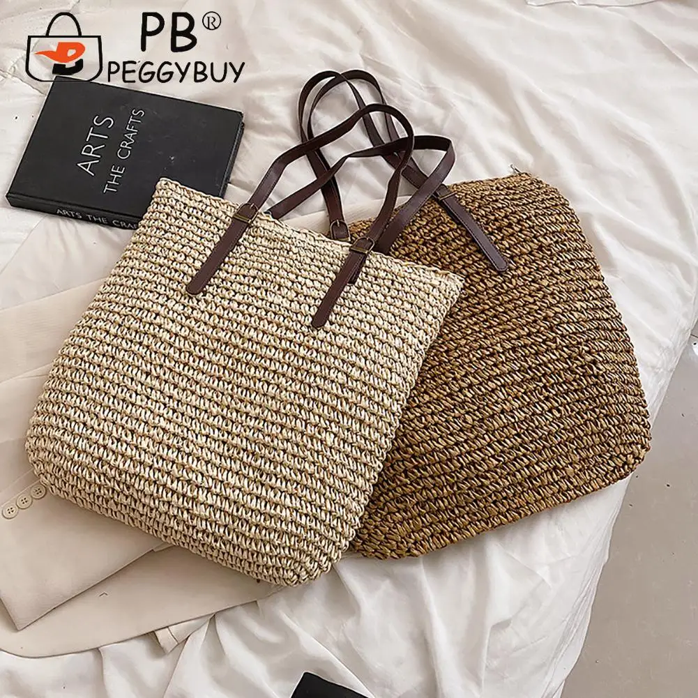 

Женские сумки с ручками сверху, соломенные пляжные сумки на плечо, однотонные сумки ручной работы, женские дорожные сумки для покупок