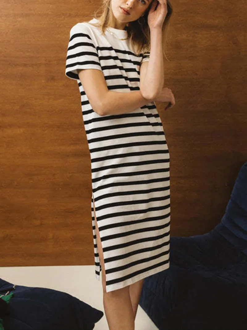 

Women Short Sleeve Long T Shirt Dress O-Neck Striped Side Slit Casual Simple Female 2022 Summer New Robe Dresses