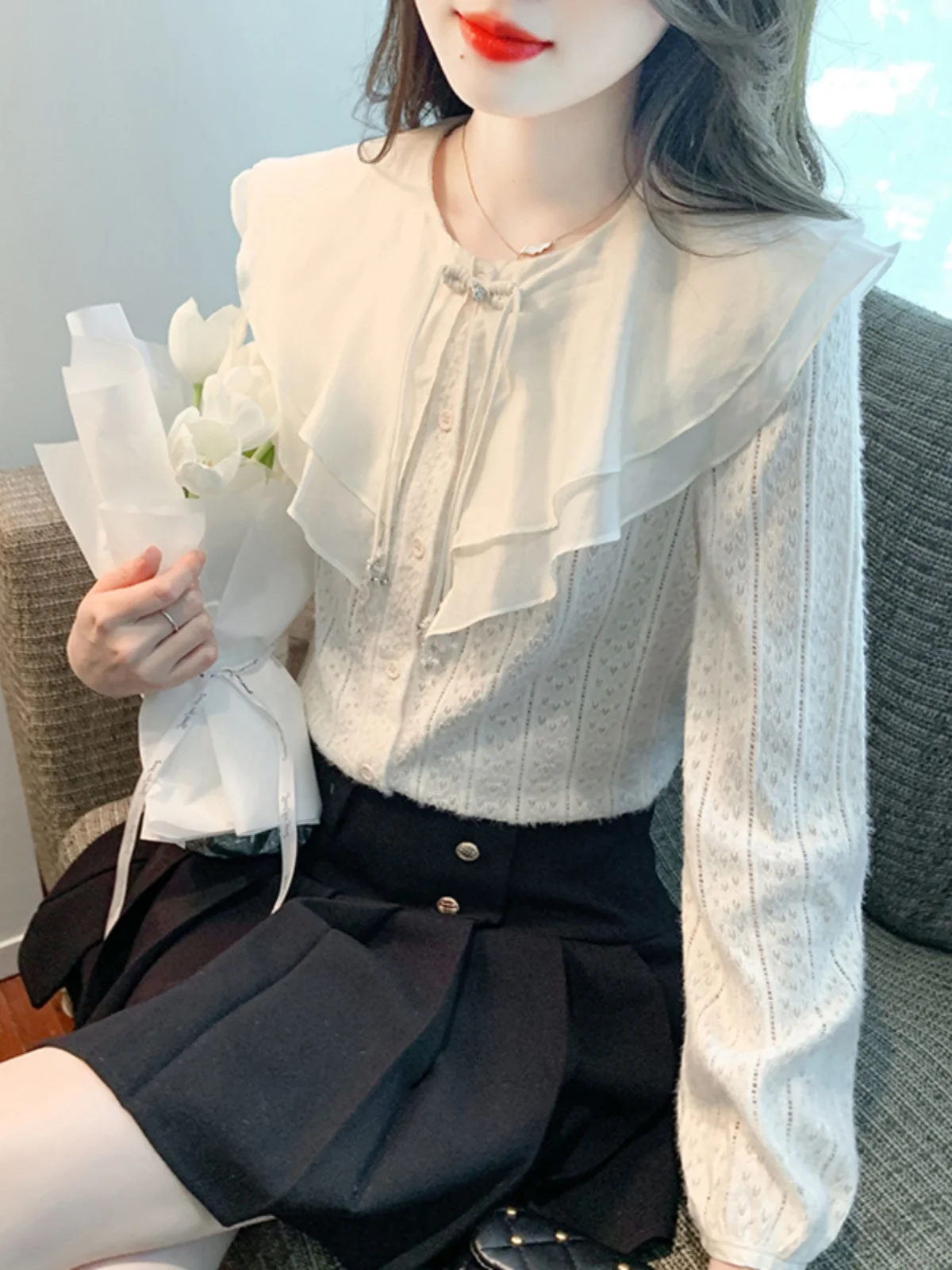 2024 новые французские шифоновые рубашки с кукольным воротником и длинными