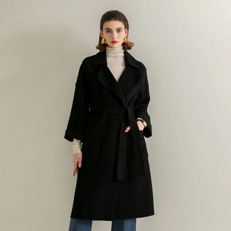 

Fashion Double-sided Camel Cashmere Coat Women's Mid-length 2022 New Autumn Winter Simplicity Gray Office Lady Belt Wool Trench