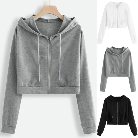 Crop Women's Crewneck Sweatshirt Vintage Casual zip pullover Solid Hooded Long Sleeve Sweatshirt Short Tops Polerones De Mujer