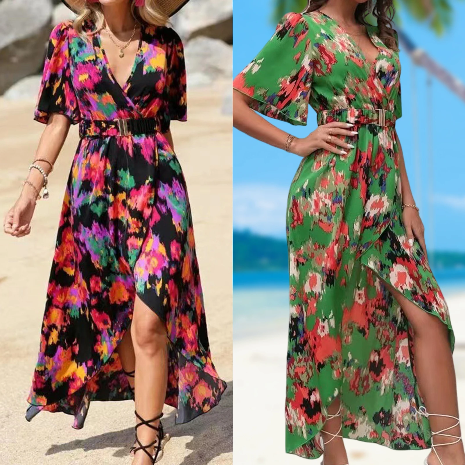 

Женское длинное платье с принтом, V-образным вырезом и поясом