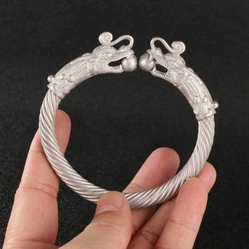 

3 шт. Тибетский Ретро властительный двойной китайский дракон головы грязно-Серебряный медный браслет Состаренный тибетский серебряный открытый брак