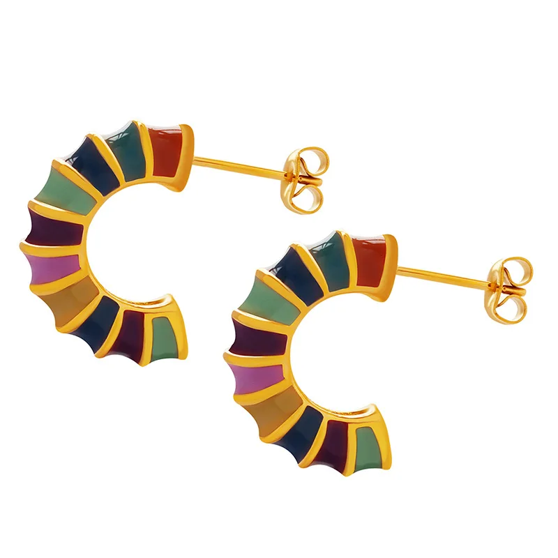 

Minar New Chic Rainbow Striped Enamel Stud Earrings for Women 18K Gold PVD Plated Stainless Steel U Shape Chunky Earring Jewelry
