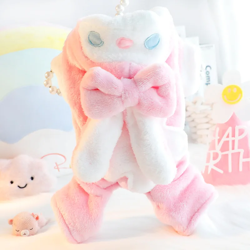 

Thick Winter Dog Clothes with Long Ears Rabbit Four-Legged Cotton Jumpsuits Coat Blue Pink Soft Flannel Warm Pet Clothing