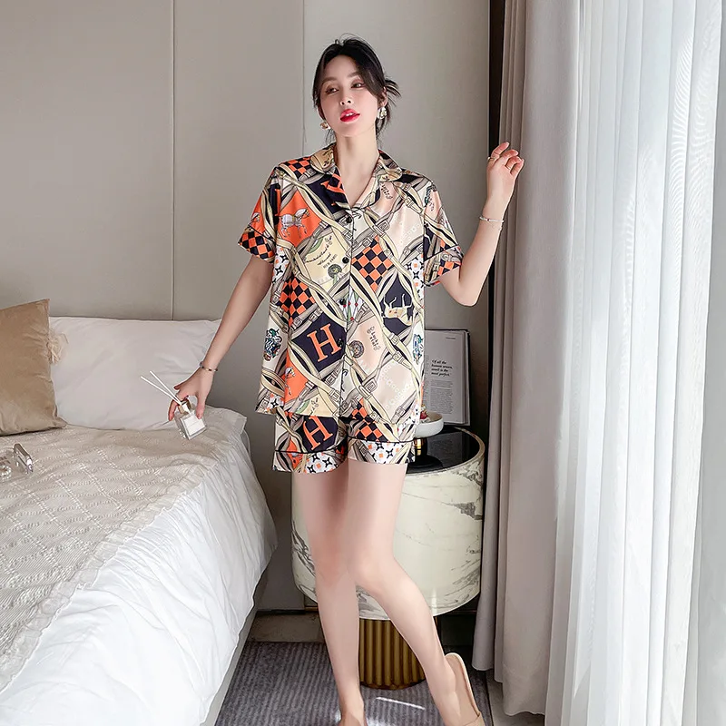 New pajamas women's ice silk short-sleeved shorts large size thin section simple loose can be worn outside the home clothes suit