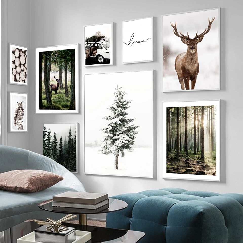 

Winter Snow Forest Deer Owl Sunlight Landscape Painting Nordic Morning Scenery Canvas Art Print Wall Pictures Home Decor Poster