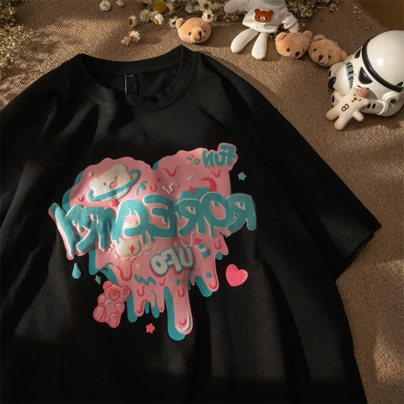

Female Tee Shirt Retro Dissolving Letter Bear Love T-Shirt Women's Summer Loose Oversized Harajuku Casual Short-Sleeved Top