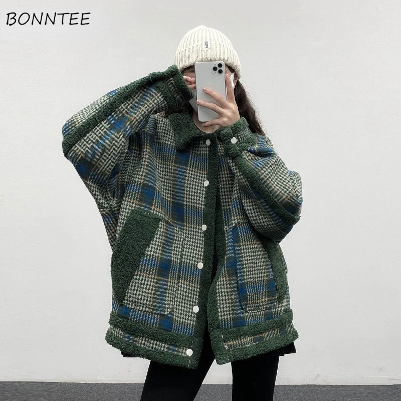 

Blends Women Leisure Loose Winter Single Breasted All-match Feminine Outerwear Korean Style Elegant Spliced Simple Retro Fashion