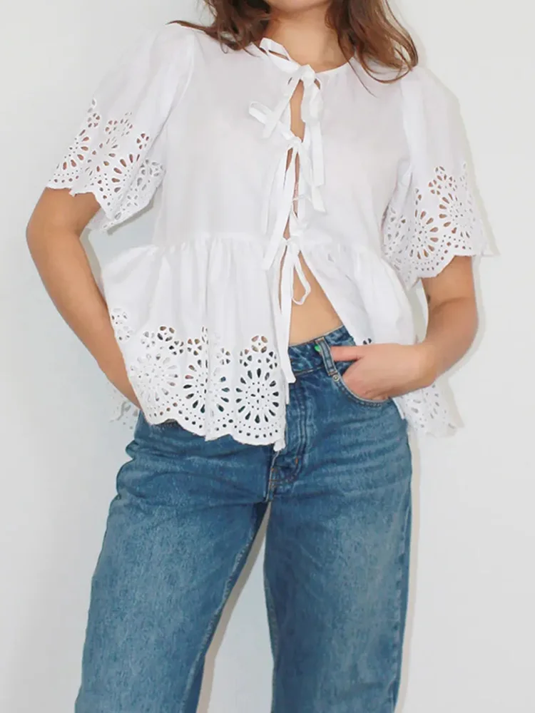 Женская ажурная рубашка элегантная белая Повседневная Блузка с круглым вырезом