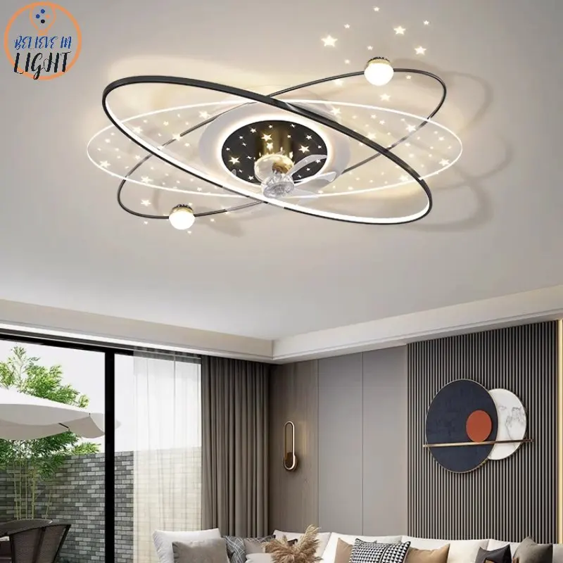 

Nordic Living Room Ceiling Fan Light Led New Shaking Head Fan Lamp Stars Sky Bedroom Intelligent Ventilateur With Remote Control