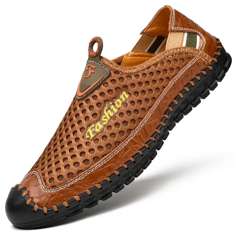 

Summer Genuine Leather Mesh Men's Casual Shoes Outdoor Slip On Men's Sandals Shoes Trendy Hand Sewing Men's Hiking Shoes