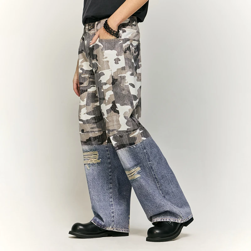 Retro Tattered Jeans Stitched Camouflage Printed Men and Women Street Fashion Brand Loose Wide-Leg Draggle-Tail Trousers