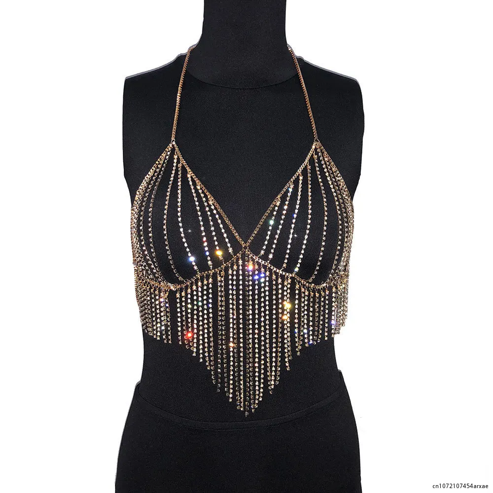 

Bling Tassel Rhinestone Crop Tops Women Summer Sexy Gold Diamond Body Metal Chain Party Club Dance Cami Top