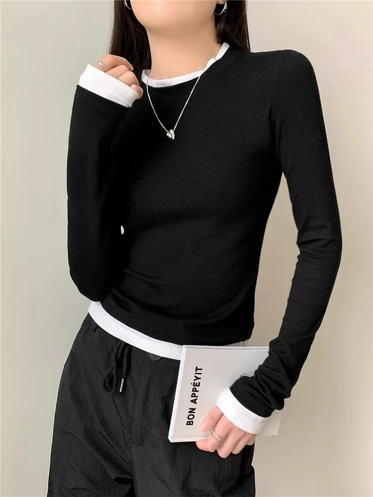 Корейская рубашка с круглым вырезом контрастного цвета искусственный