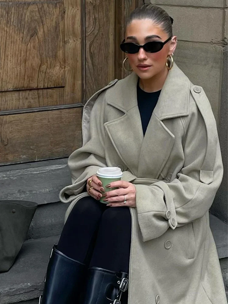 Женское длинное шерстяное пальто с лацканами в стиле ретро