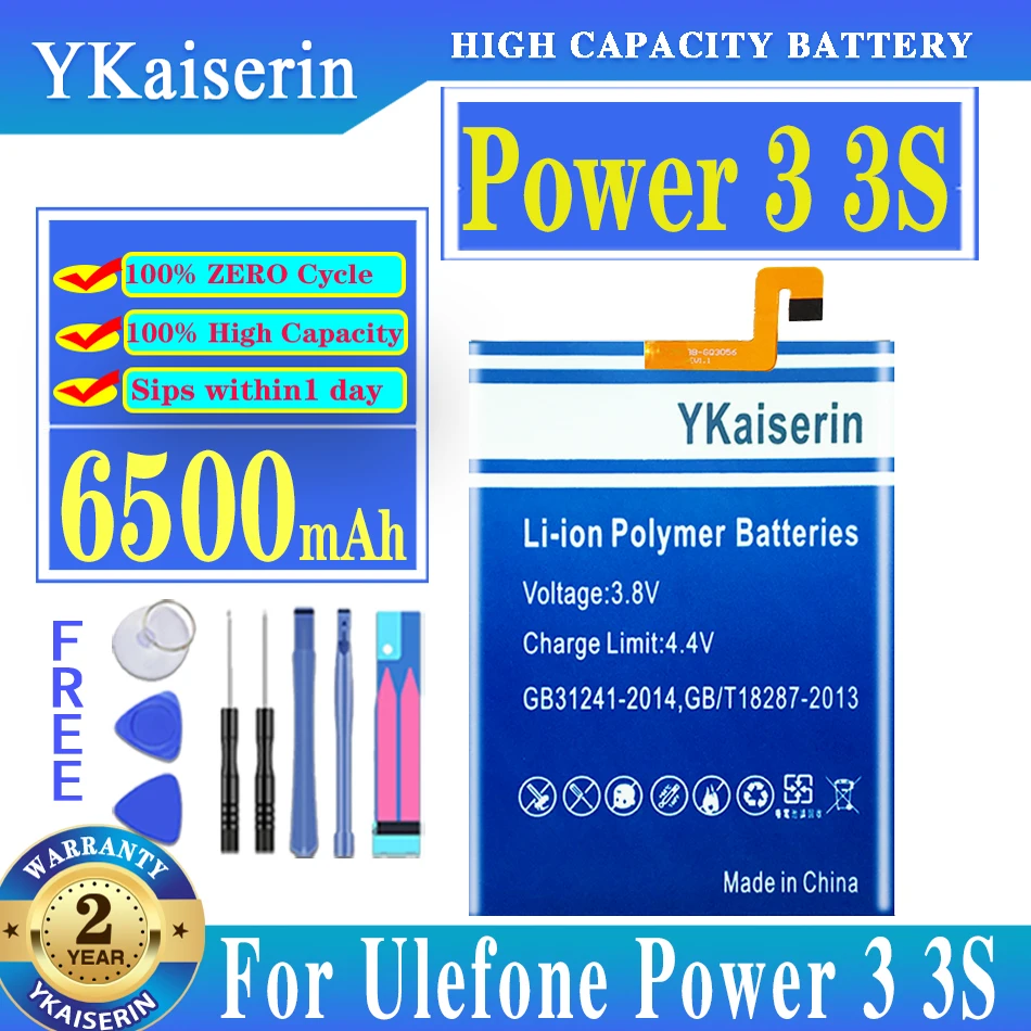 

YKaiserin Mobile Phone Battery 6500mAh For Ulefone Power 3 3S Power3 Power3S baterij +Tools