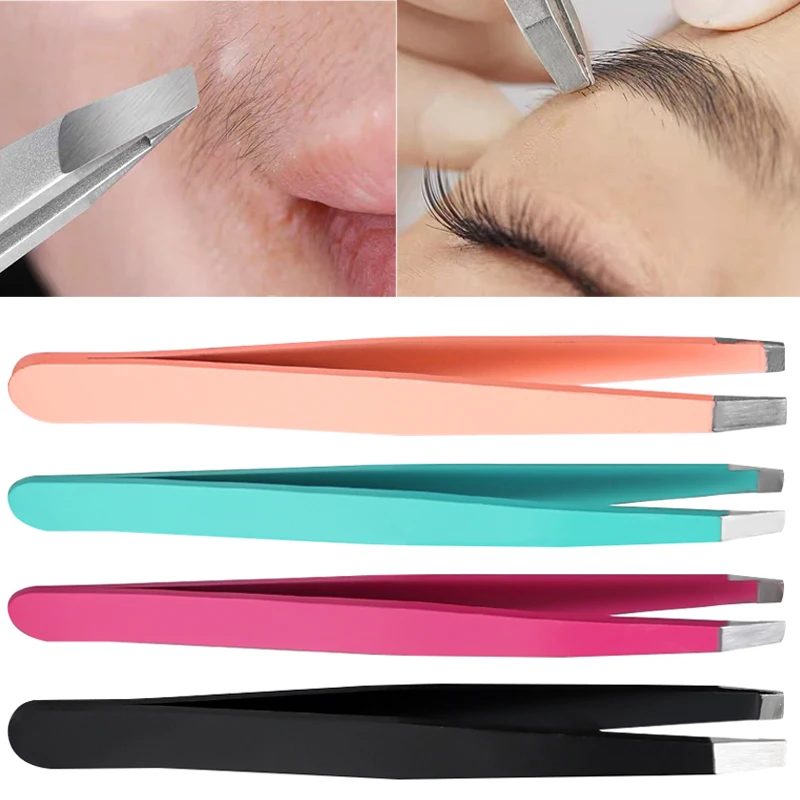 

1PCS Flat Slanted Eyebrow Tweezers Face Hair Beard Removal Colorful Stainless Steel Eyelash Tweezer Nail Art Clips Makeup Tools