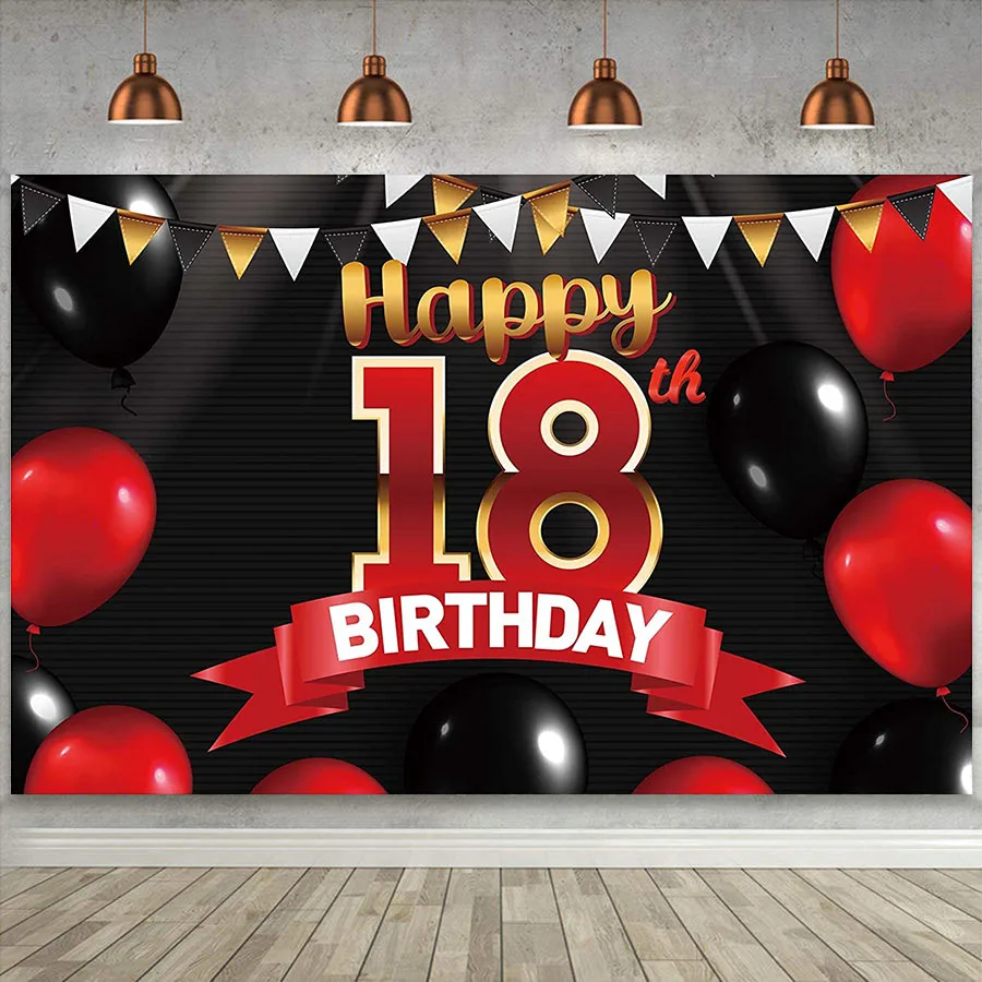 

Happy 18th Birthday Red Black Party Decor Poster for Girls Boys Women Men 18 Bday Anniversary Photo Backdrop Background Banner