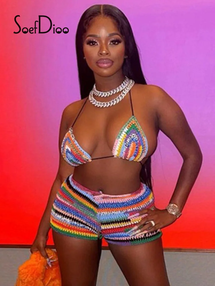 

Soefdioo Multicolor Printed 2 Piece Sets Womens Outfits Sexy Bikini Tops and Tight Shorts Matching Autumn 2022 Night Club Wear