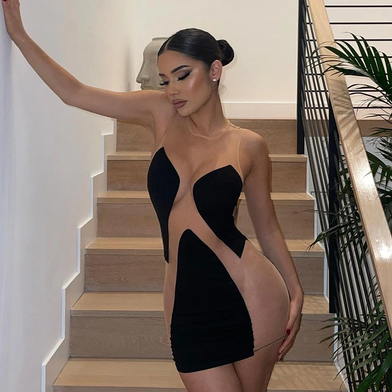 

Женское Прозрачное платье без рукавов, элегантное Сетчатое платье контрастных цветов Вечерние