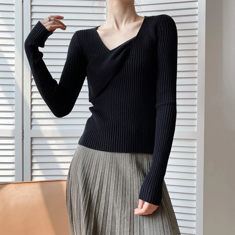 

Женский трикотажный свитер, новинка 2021, модный свитер с длинным рукавом, вязаные свитера с перекрестными полосками, пуловеры, зимняя одежда