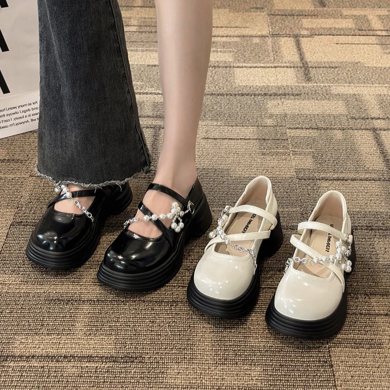 

Женские туфли с украшением из жемчуга, открытые сабо в британском стиле без застежек, женская обувь на платформе, Новинка лета 2023