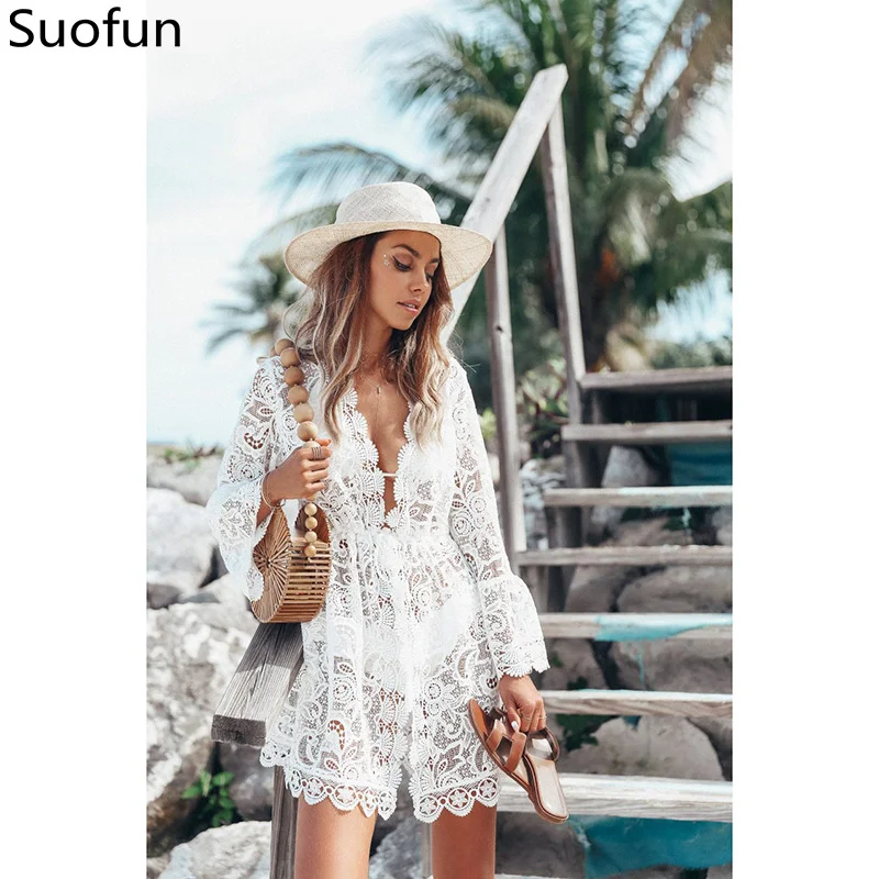 

Женское кружевное вечернее платье Suofun, однотонное повседневное Прозрачное платье с длинным рукавом и V-образным вырезом, лето 2022