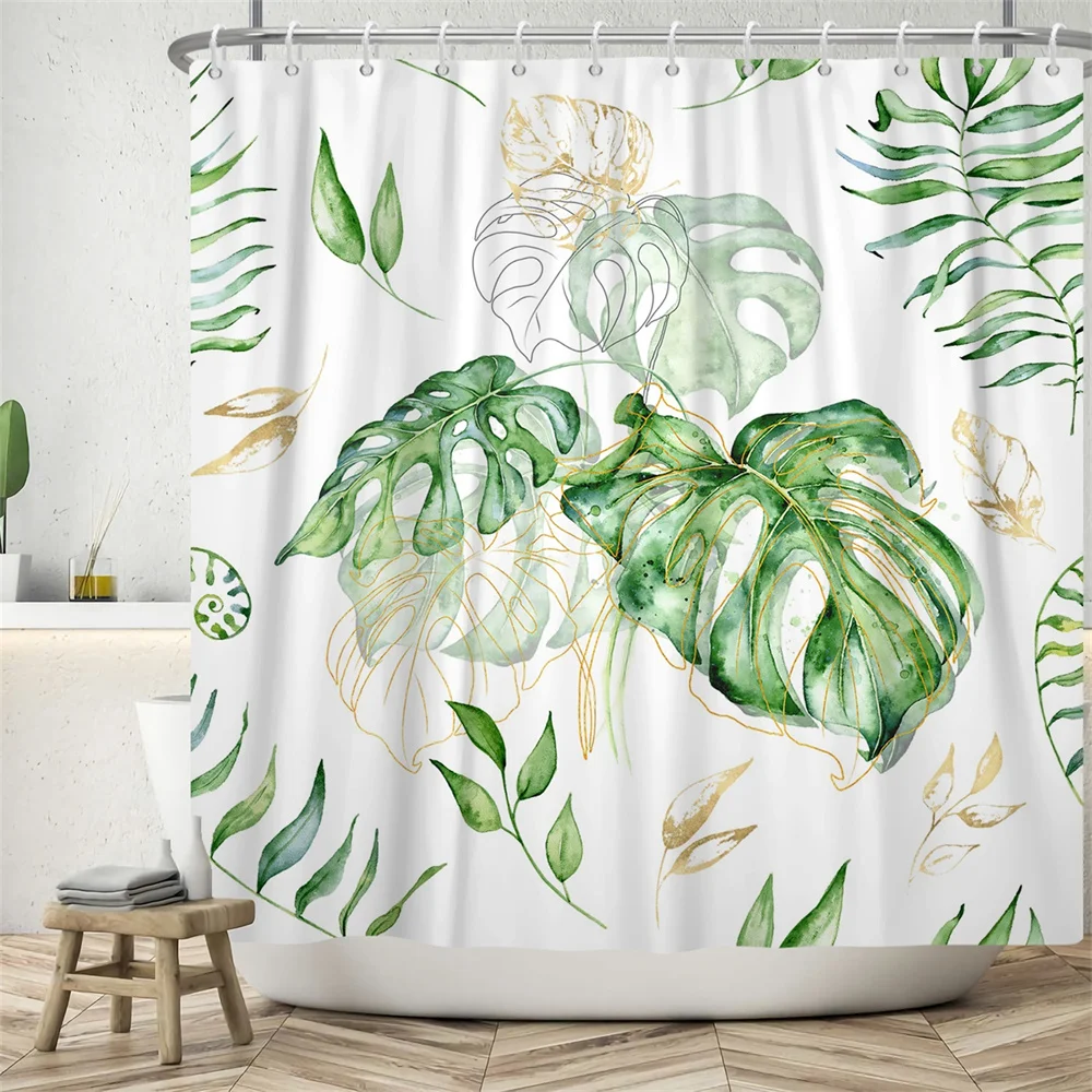 

Tropical Palm Plant Green Leaf Shower Curtains Waterproof Polyester Flower Flamingo Bathroom Curtain with Hooks Home Decor