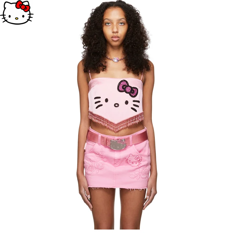 

Sanrio Kawaii аниме Hellokitty летний Y2K сексуальный на шнуровке слинг розовый мультфильм одно плечо короткий жилет Слинг для девочек подарок на день рождения Новинка