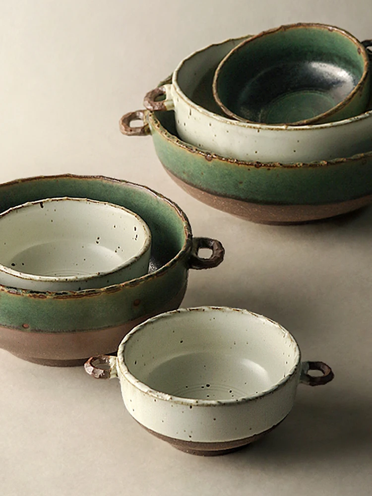 

Посуда ручной работы из керамики в японском стиле, ретро, зеркальная чаша для рисовой лапши, креативная чаша с двумя ушками, тарелка для дома