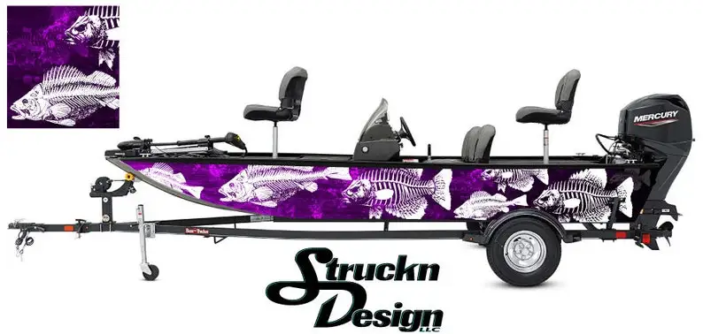 

Черные фиолетовые скелеты, окунь, рыбалка, лодка, дизайн гранж, абстрактный понтон, виниловый Графический комплект для обертывания, Перевод...