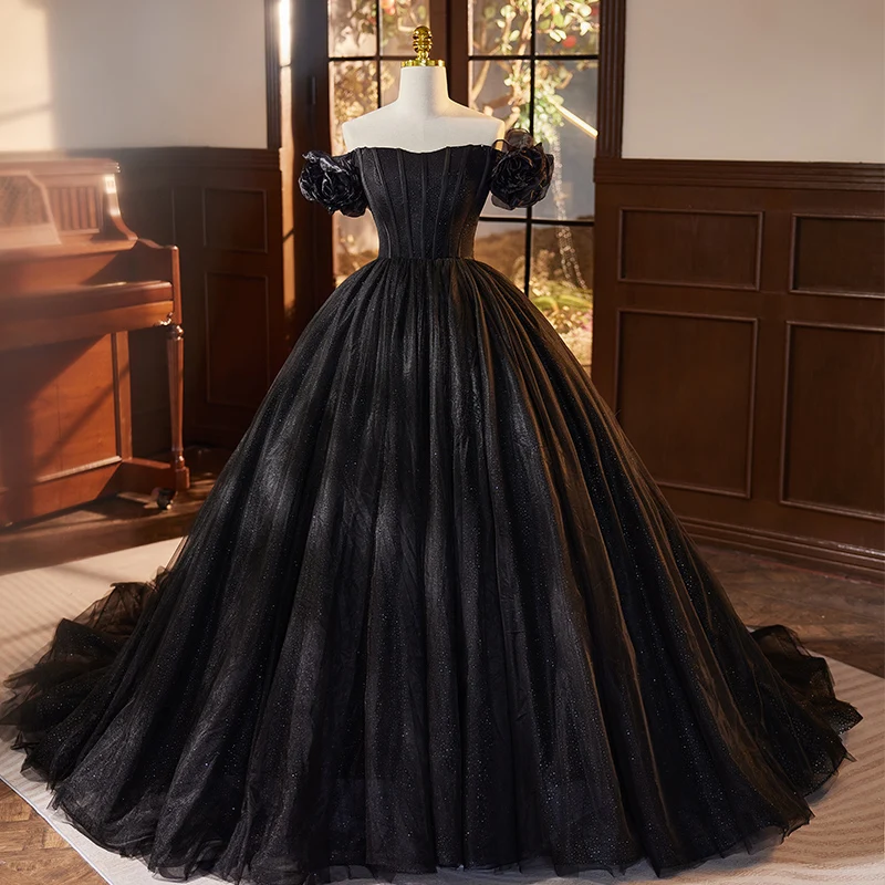 Женское вечернее платье с коротким рукавом, черное платье в пол из фатина с блестками, модель B2812