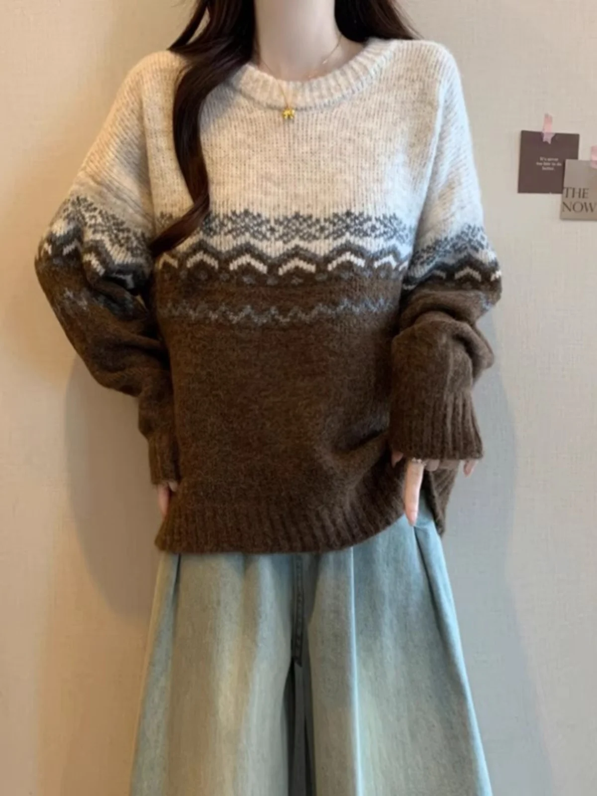 Plus Size Fairisland Soft Glutinous round Neck Pullover Knit Sweater Women Autumn and Winter Plus size Chubby Girl Loose Idle...