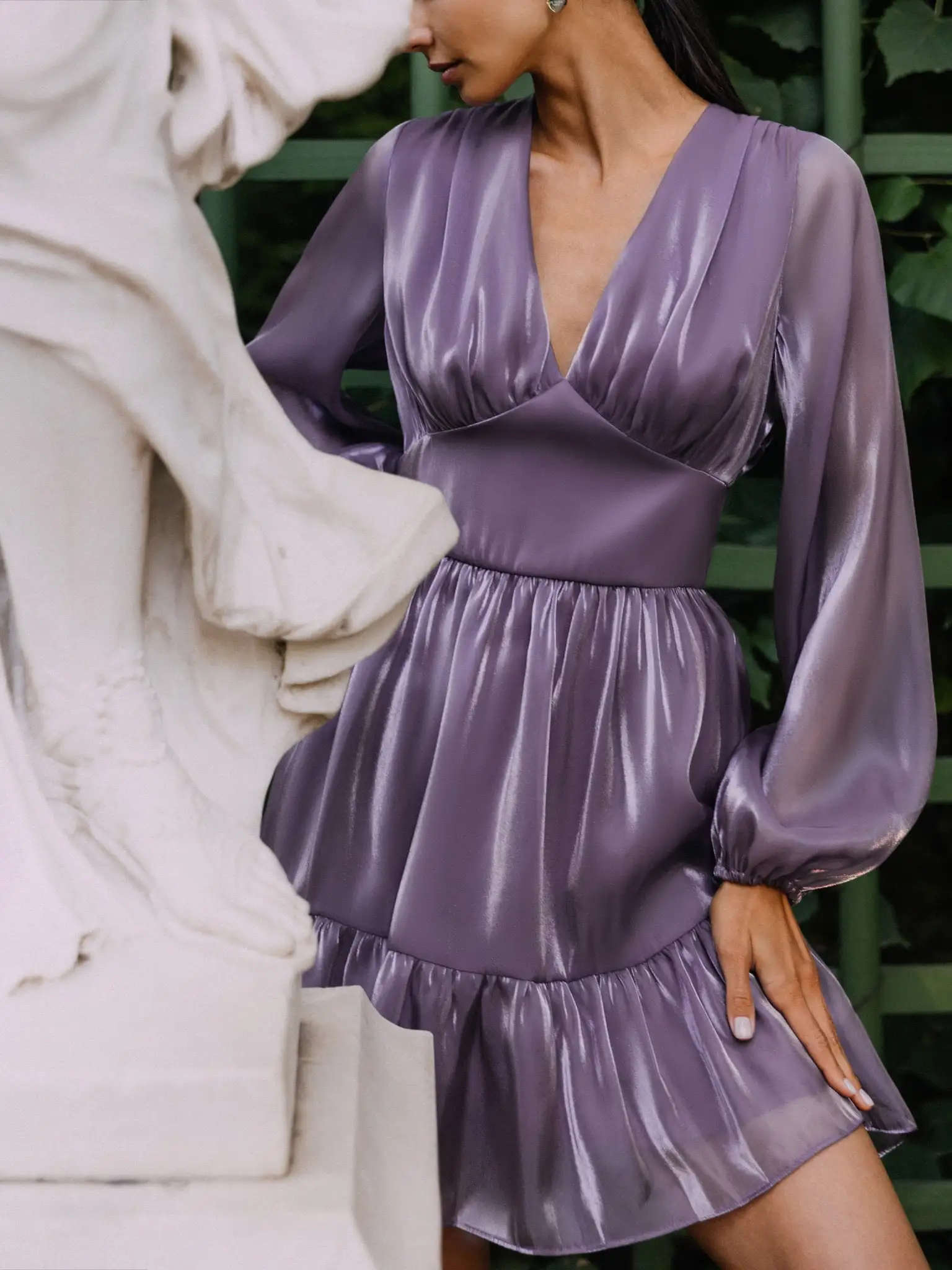 

2023 Chiffon Sundress Bright Gloss V Neck Sexy Satin Mini Skirt Summer Long Sleeve Party Luxury Dress Fashion Woman Vestido