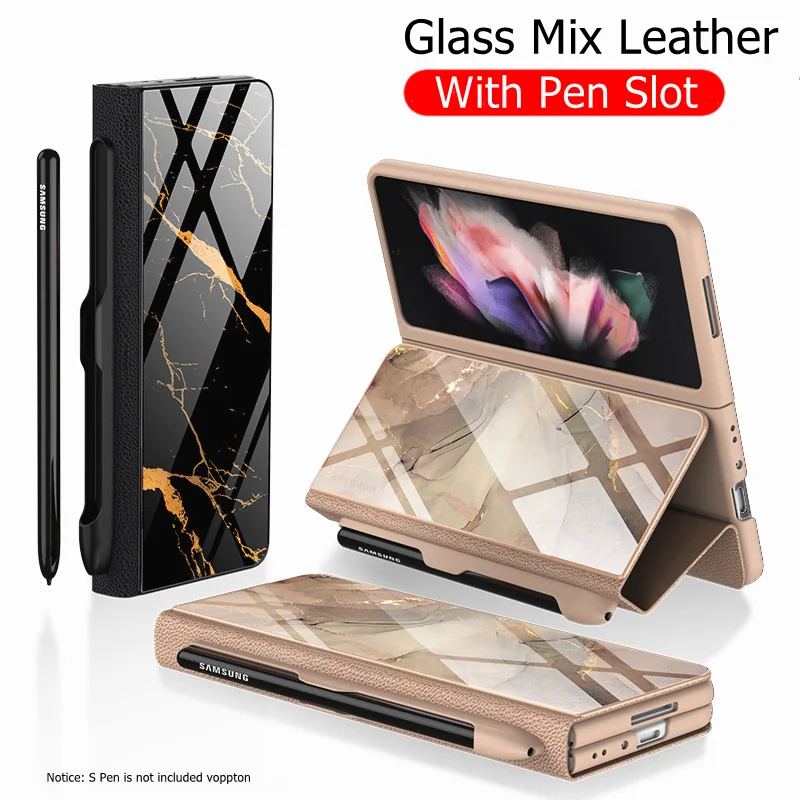 

S Pen Slot Holder Flip Leather Case For Samsung Galaxy Z Fold 3 5G Case Glass and Leather Cover For Galaxy Z Fold3 (No S Pen)