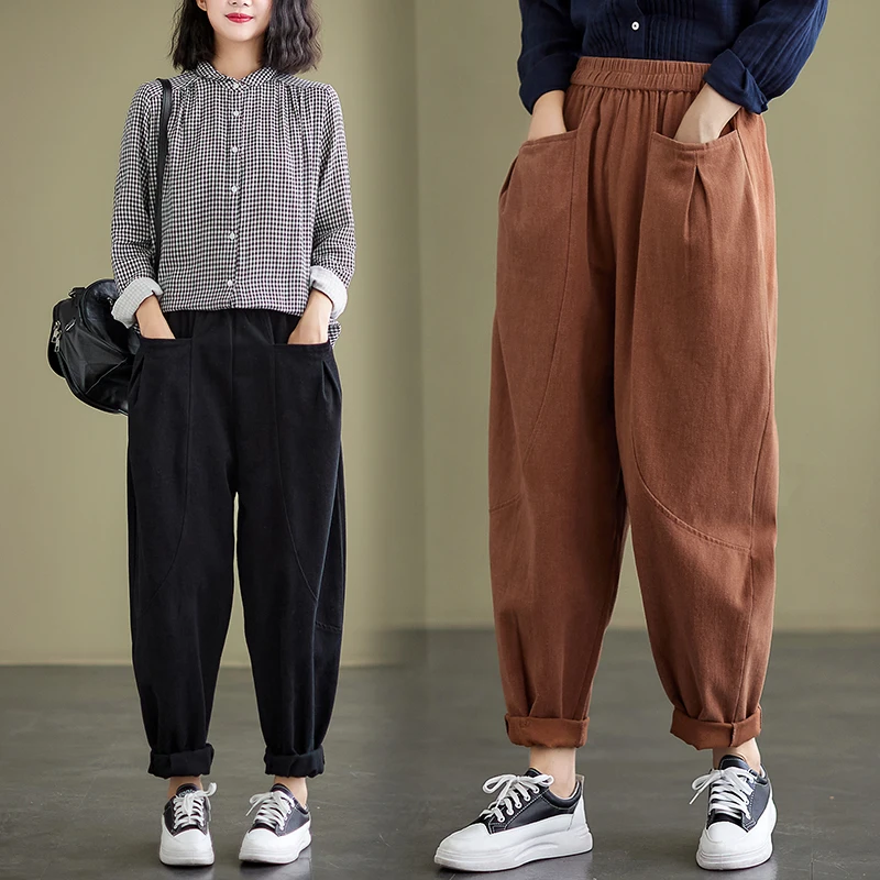 

Vintage Solid Color Stitched Cotton Casual Pants In Spring And Autumn Women's Versatile Loose Elastic Waist Wide Leg Harlan Pant