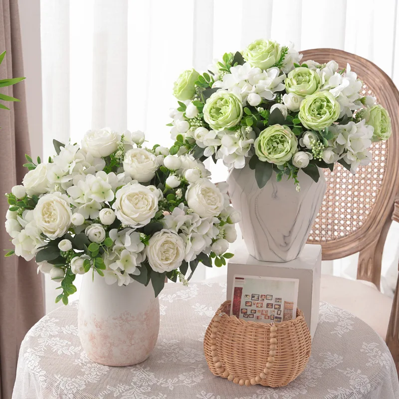 

Artificial Flowers White Silk Rose Bouquet Hydrangea Peony Vintage Bride Holding Fake Plants Home Wedding Decoration Accessories