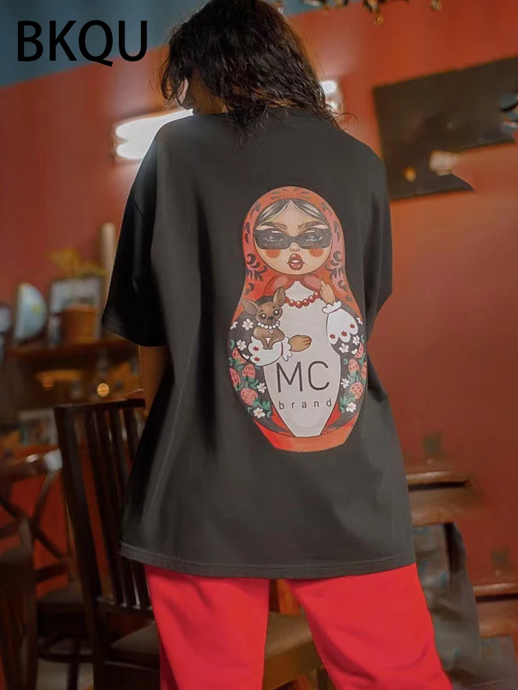 BKQU свободные футболки с буквенным принтом для женщин 2024 женские пуловеры